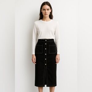 NWT ZARA Black Faux Suede Contrast Stitching Midi Skirt